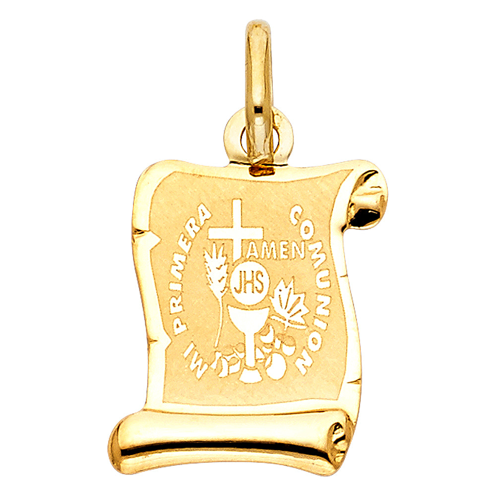 14k Yellow Gold Mi Primera Communion Medalla Pendant Blood of Christ Charm