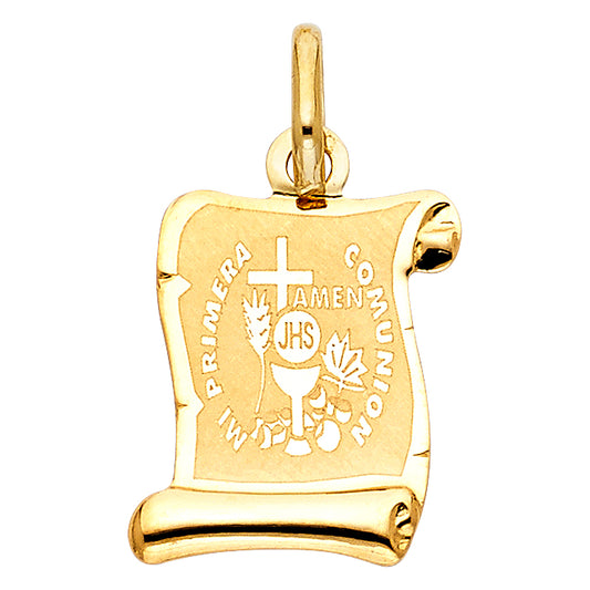 14k Yellow Gold Mi Primera Communion Medalla Pendant Blood of Christ Charm