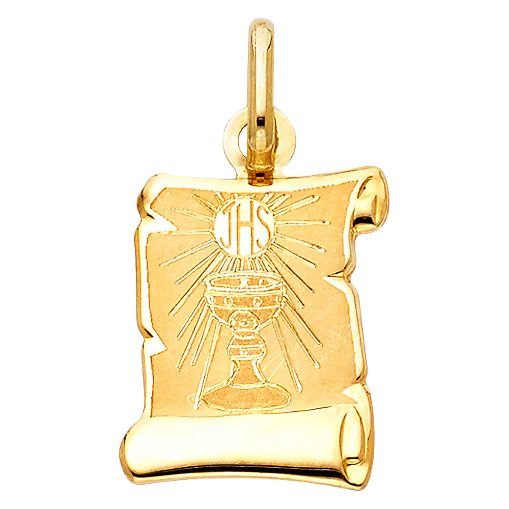 14k Yellow Gold JHS Scroll Pendant Christ Jesus Hominum Salvator Faith Charm
