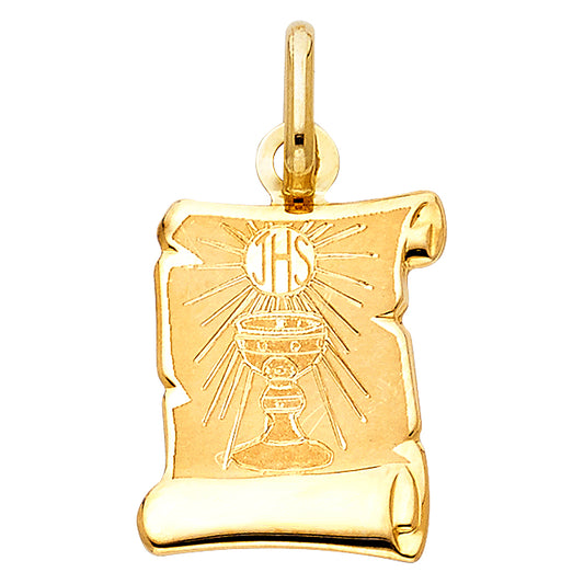 14k Yellow Gold JHS Scroll Pendant Christ Jesus Hominum Salvator Faith Charm