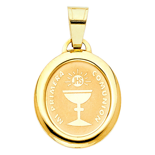 14k Yellow Gold Mi Primera Communion Medalla Pendant JHS Medallion Faith Charm