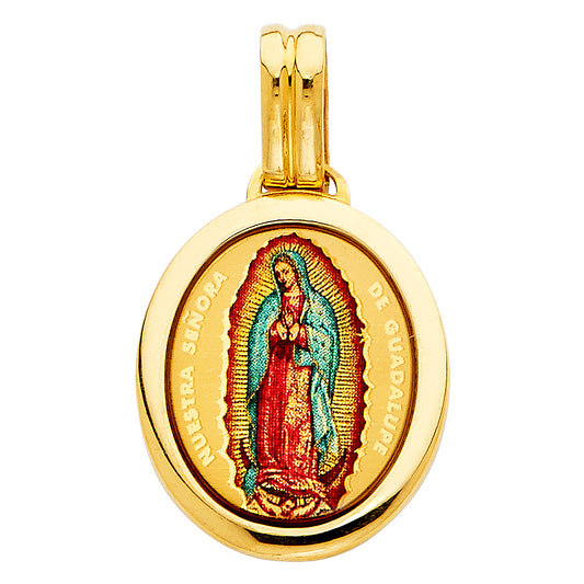 14k Yellow Gold Bright Colorful Virgin of Guadalupe Pendant Holy Spirit Charm