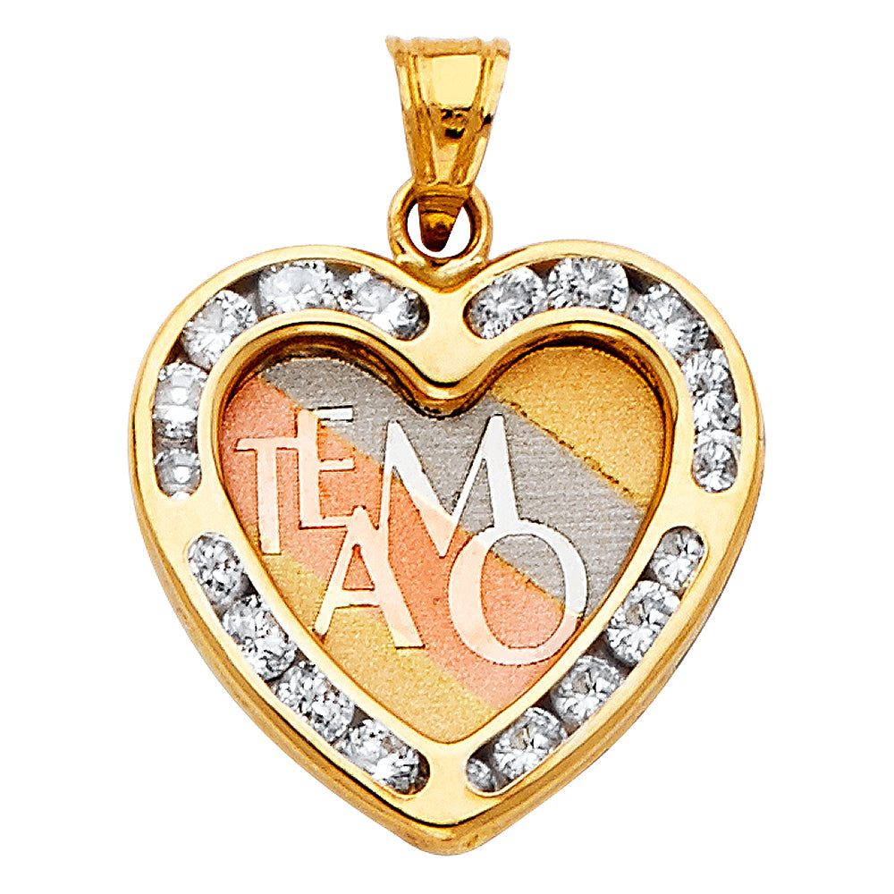 14k Tri-Color Gold Colorful Heart Te Amo My Love Pendant Clear CZ Fashion Charm