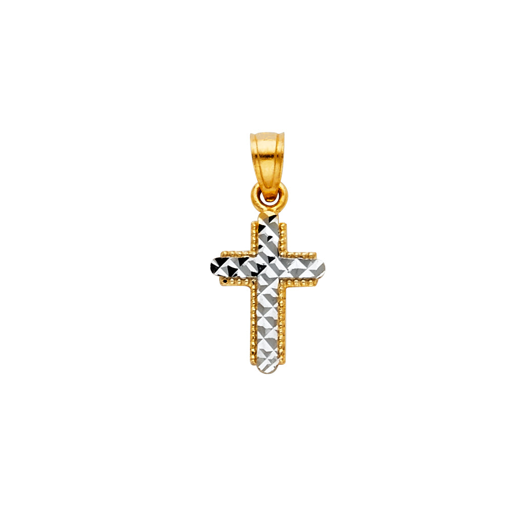 14k Two-Color Gold Diamond-Cut Cross Pendant Bead Border Classic Jesus Charm