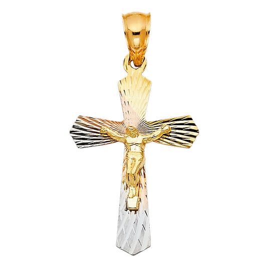 14k Tri-Color Gold Latin Design 3D Precision Religious Crucifix Cross Pendant