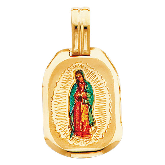 14k Yellow Gold Lady of Guadalupe Pendant Mexican Ornate Medallion Saint Charm
