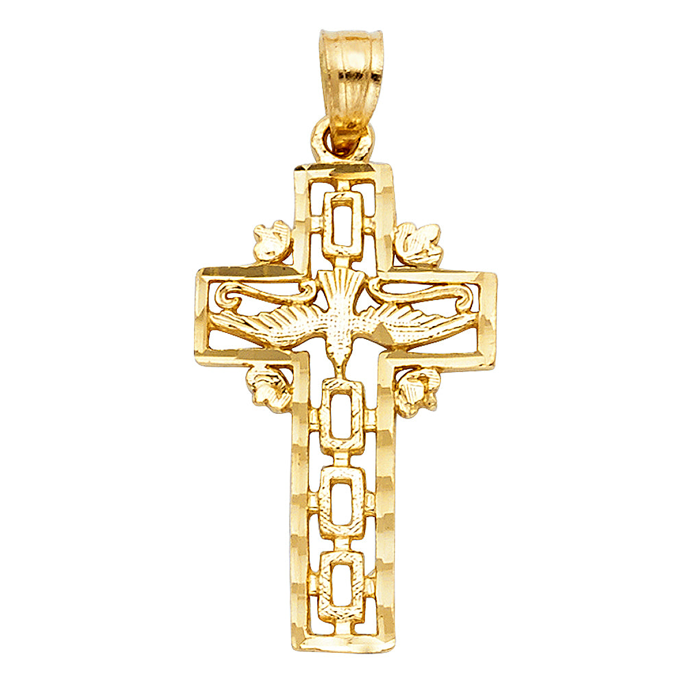 14k Yellow Gold Jesus Christ Crucified Spirit Dove Holy Cross Pendant Charm