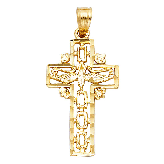 14k Yellow Gold Jesus Christ Crucified Spirit Dove Holy Cross Pendant Charm