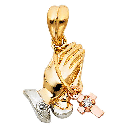 14k Tri-Color Gold Holy Hands Cross Praying Hands Rosary Prayer Medal Pendant