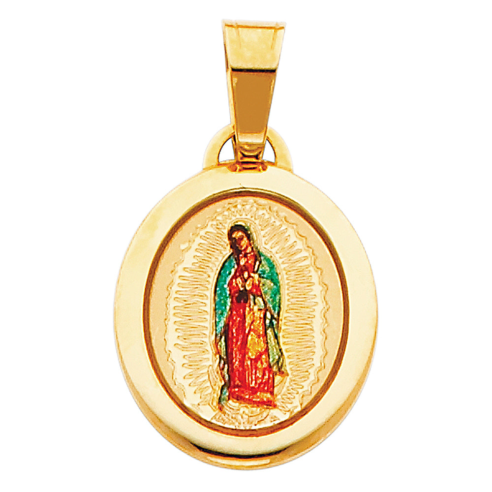 14k Yellow Gold Lady of Guadalupe Pendant High Polish Enamel Catholic Charm