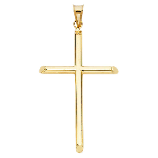 14k Yellow Gold Tubular Cross Pendant Round Plain Shiny Simple Classic Charm