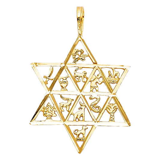 14k Yellow Gold Story of Life Jewish Star of David w/ Animals Pendant Charm