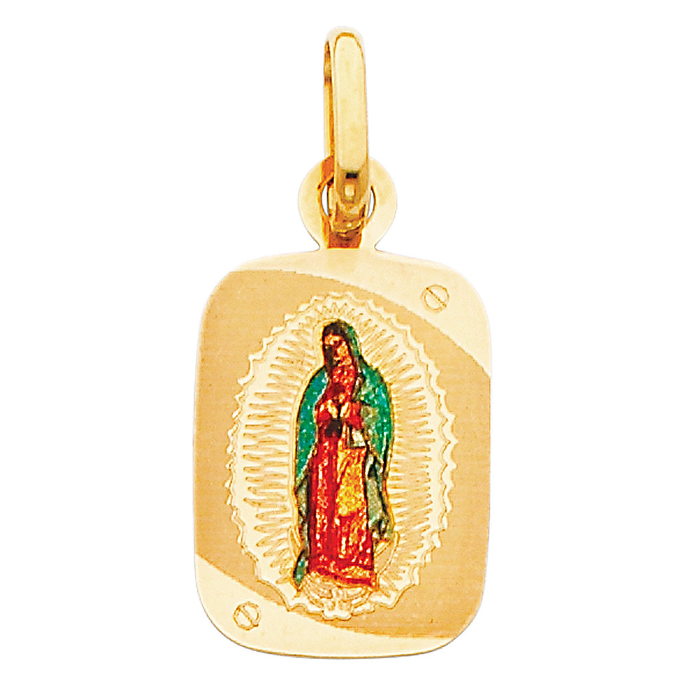 14k Yellow Gold Lady of Guadalupe Pendant Enamel Saint Mexican Burst Charm