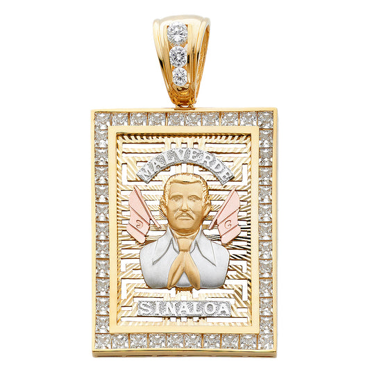 14k Tri-Color Gold Studded Colorful Medallion Pendant Prayer Pray for Us Charm
