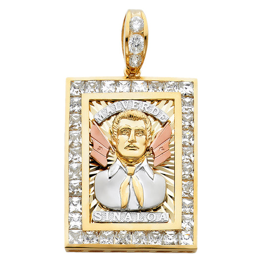 14k Tri-Color Gold Jesus Malverde Bright Colorful Medallion Pendant Halo Charm