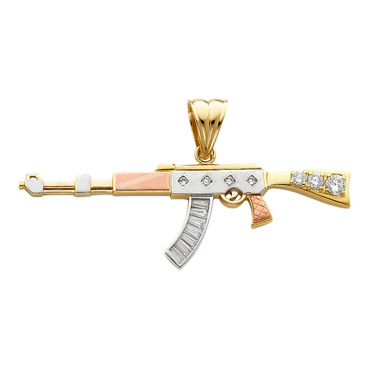 14k Tri-Color Gold AK 47 Assault Rifle Gun Pendant Clear CZ Firearm Charm