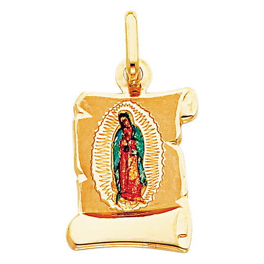 14k Yellow Gold Lady of Guadalupe Pendant Scroll Burst High Polish Charm