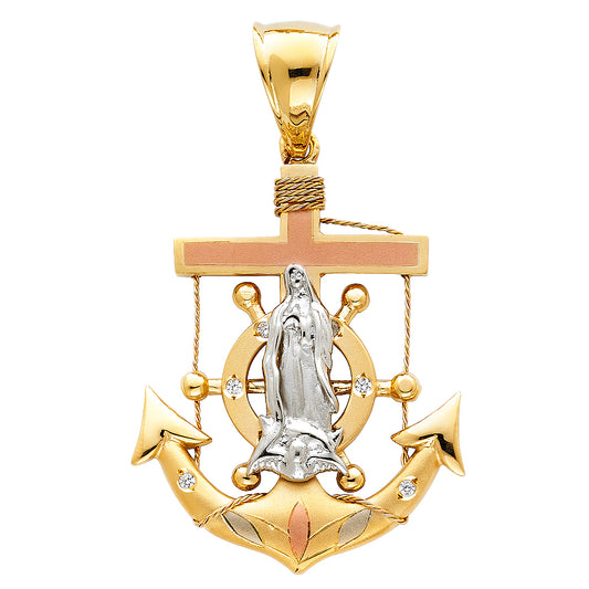 14k Tri-Color Gold Nautical Mariners Cross Pendant Virgin Mary Studded Charm