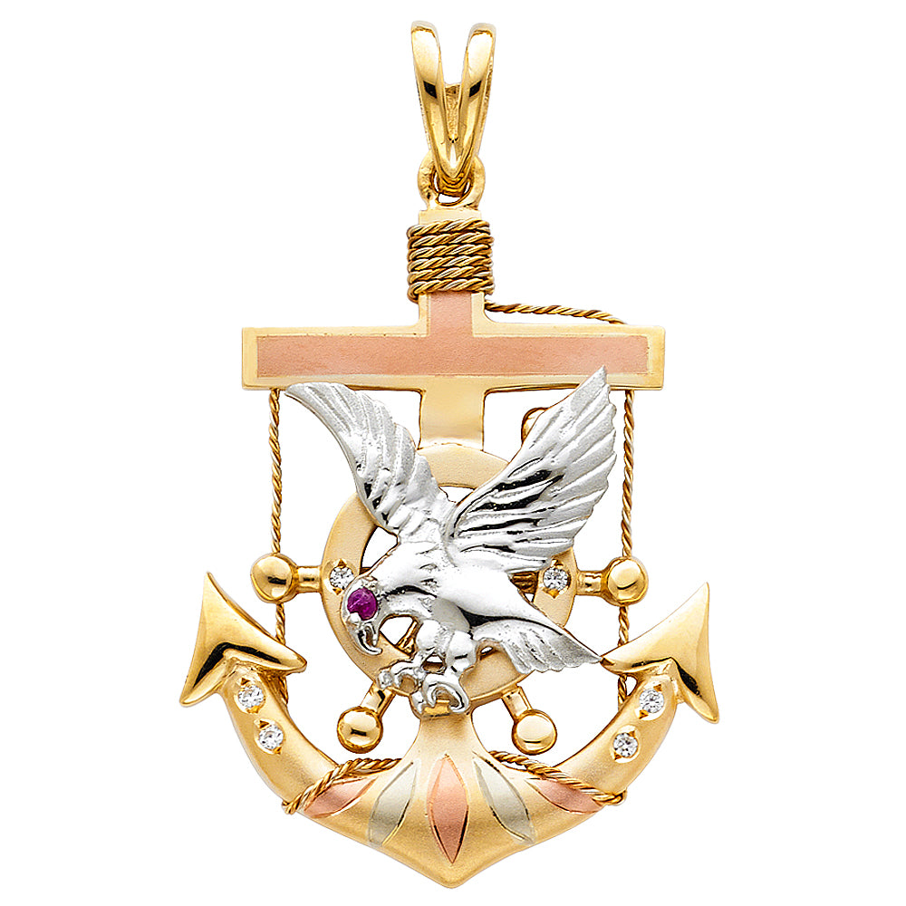 14k Tri-Color Gold Mariners Cross Pendant Eagle Nautical Anchor Ocean Ship Charm