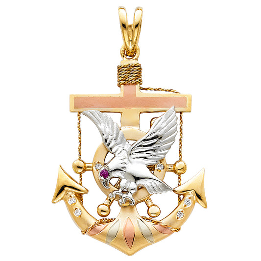 14k Tri-Color Gold Mariners Cross Pendant Eagle Nautical Anchor Ocean Ship Charm