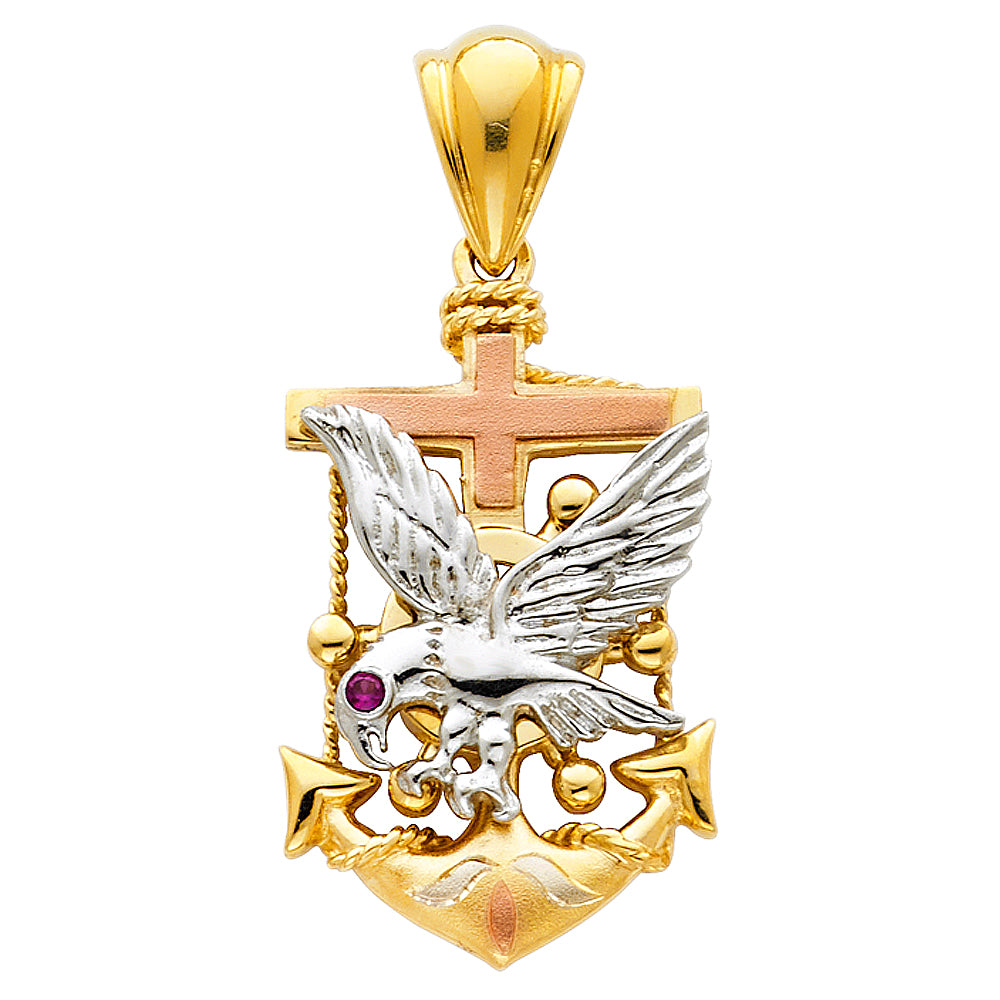 14k Tri-Color Gold Flying Eagle Cross Pendant Mariner Ocean Crucifix Charm