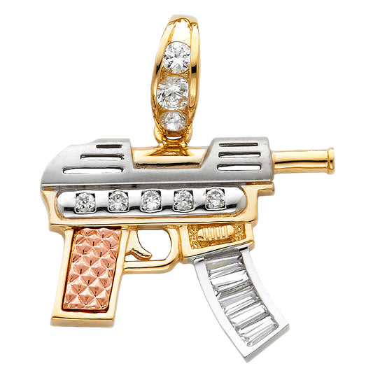 14k Tri-Color Gold Machine Gun Pendant Polished Clear CZ Diamond-Cut Uzi Charm