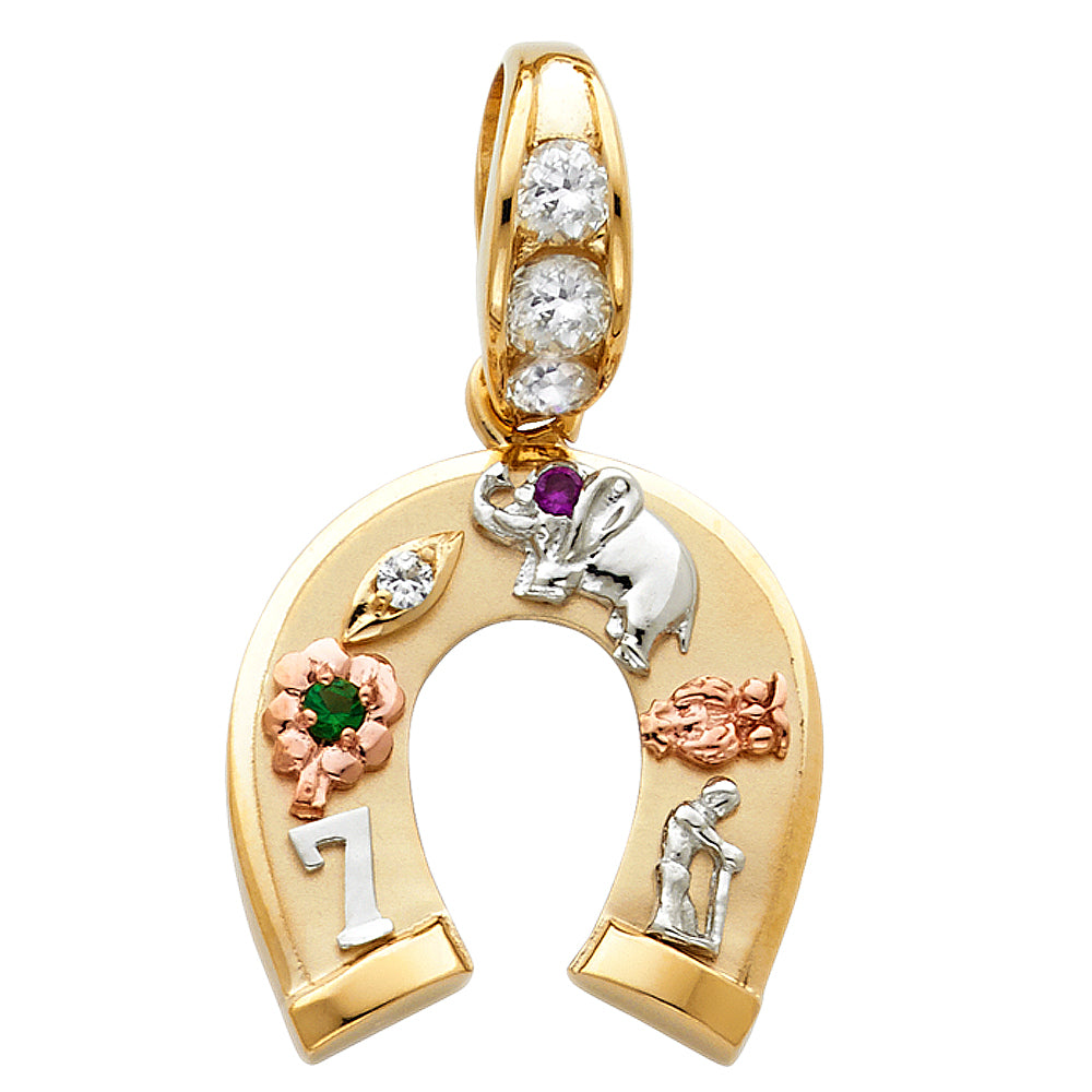 14k Tri-Color Gold Lucky Horseshoe Pendant Elephant Shamrock Number 7 Charm