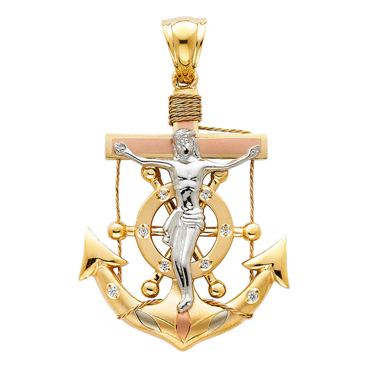 14k Tri-Color Gold Mariners Cross Pendant Jesus Crucifix Anchor Nautical Charm