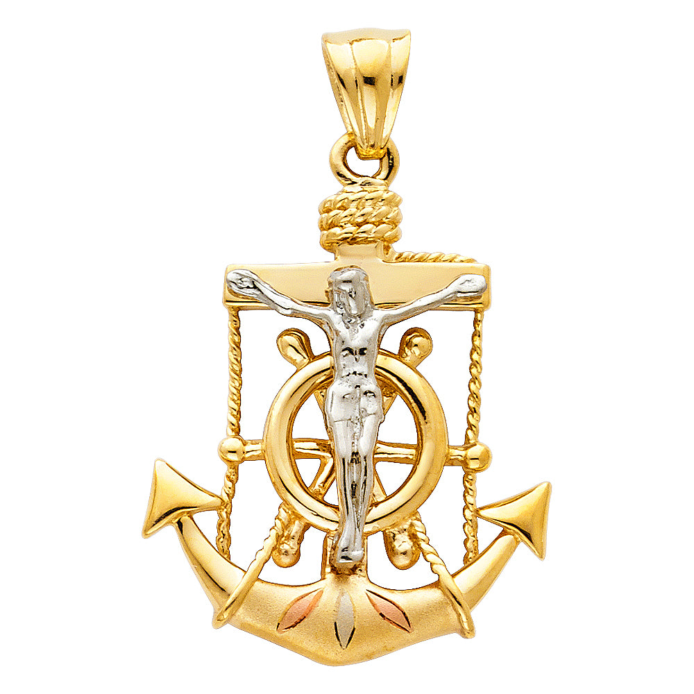 14k Tri-Color Gold Crucifix Mariners Cross Pendant Anchor Nautical Ocean Charm
