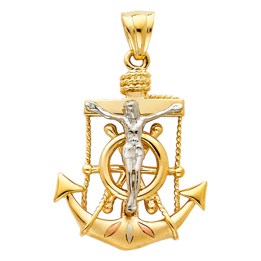 14k Tri-Color Gold Crucifix Mariners Cross Pendant Anchor Nautical Ocean Charm