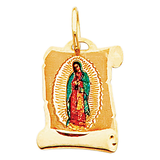 14k Yellow Gold Lady of Guadalupe Pendant Diamond-Cut Scroll Mexican Charm
