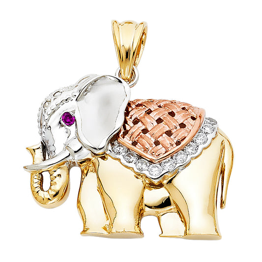 14k Tri-Color Gold 3D Colorful Elephant with Trunk Up Pendant Spiritual Charm