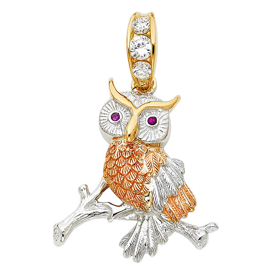 14k Tri-Color Gold Wisdom 3D Colorful Wise Old Owl Pendant Bird of Prey Charm