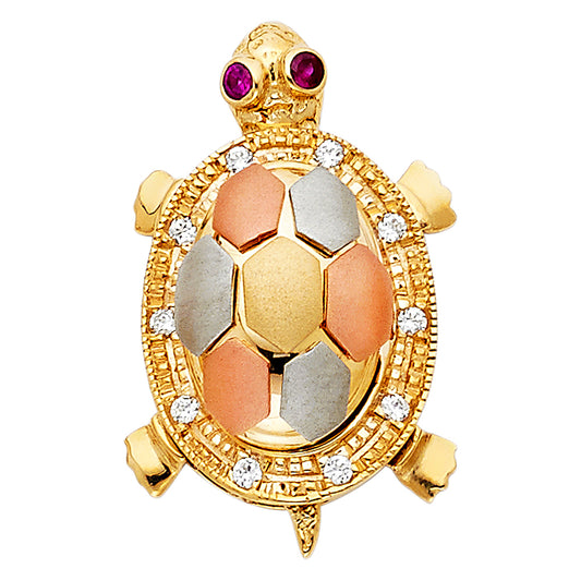 14k Tri-Color Gold Wise Old Tortoise 3D Colorful Turtle Pendant Prosperity Charm