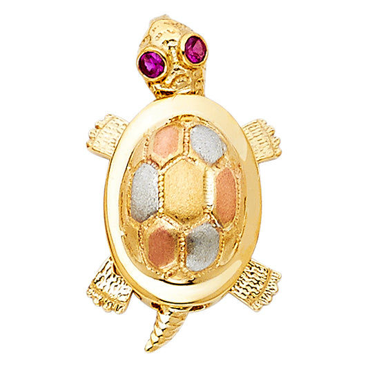 14k Tri-Color Gold Adorable 3D Turtle Fancy Tortoise Pendant Good Luck Charm