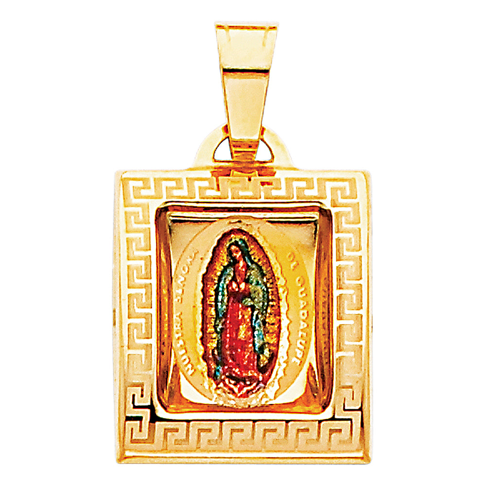14k Yellow Gold Lady of Guadalupe Pendant Virgin Mary Greek Key Mexican Charm