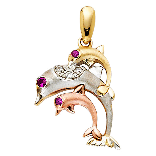 14k Tri-Color Gold 3D Precision-Cut Dolphin Family Pod Swimming Pendant Charm