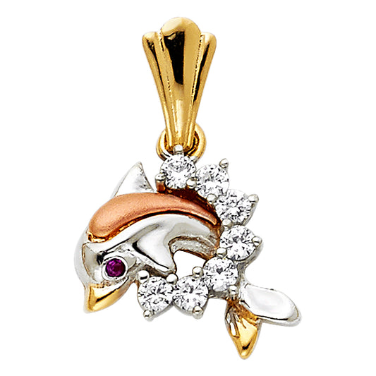 14k Tri-Color Gold Joyful Playful Dolphin Jumping Through Waves Pendant Charm