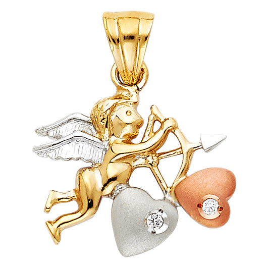 14k Tri-Color Gold Heart Cupid Pendant Love Promise Heart Clear CZ Faith Charm