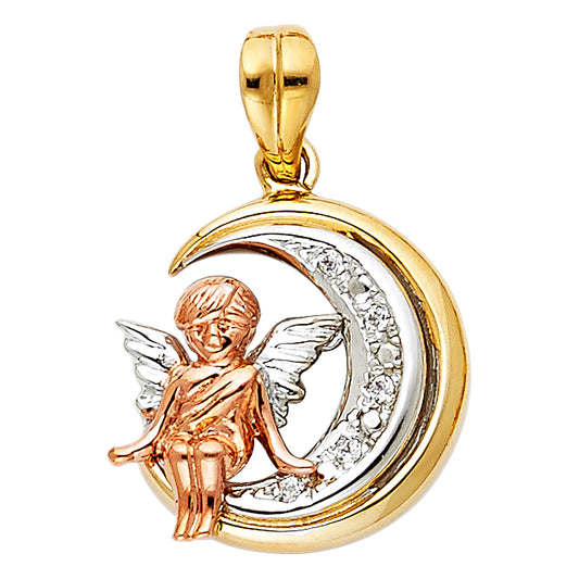 14k Tri-Color Gold Crescent Moon Guardian Angel Pendant Charm