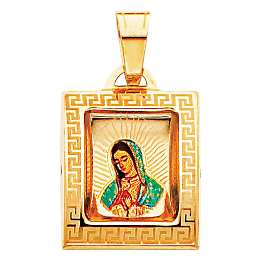 14k Yellow Gold Lady of Guadalupe Pendant Diamond-Cut Greek Key Burst Charm