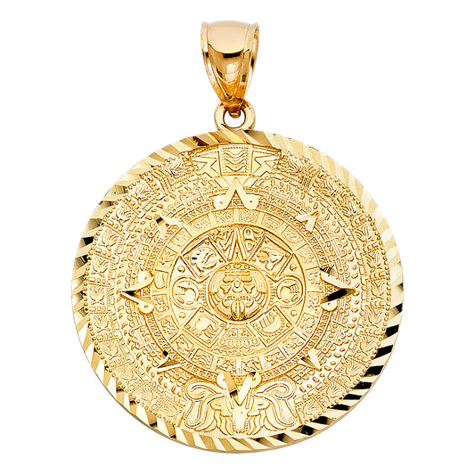 14k Yellow Gold Bold Aztec Medallion Pendant Ornate Calendar Flat Sun Charm