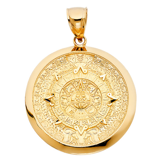 14k Yellow Gold Sun Calendar Medallion Pendant High Polish Ornate Aztec Charm