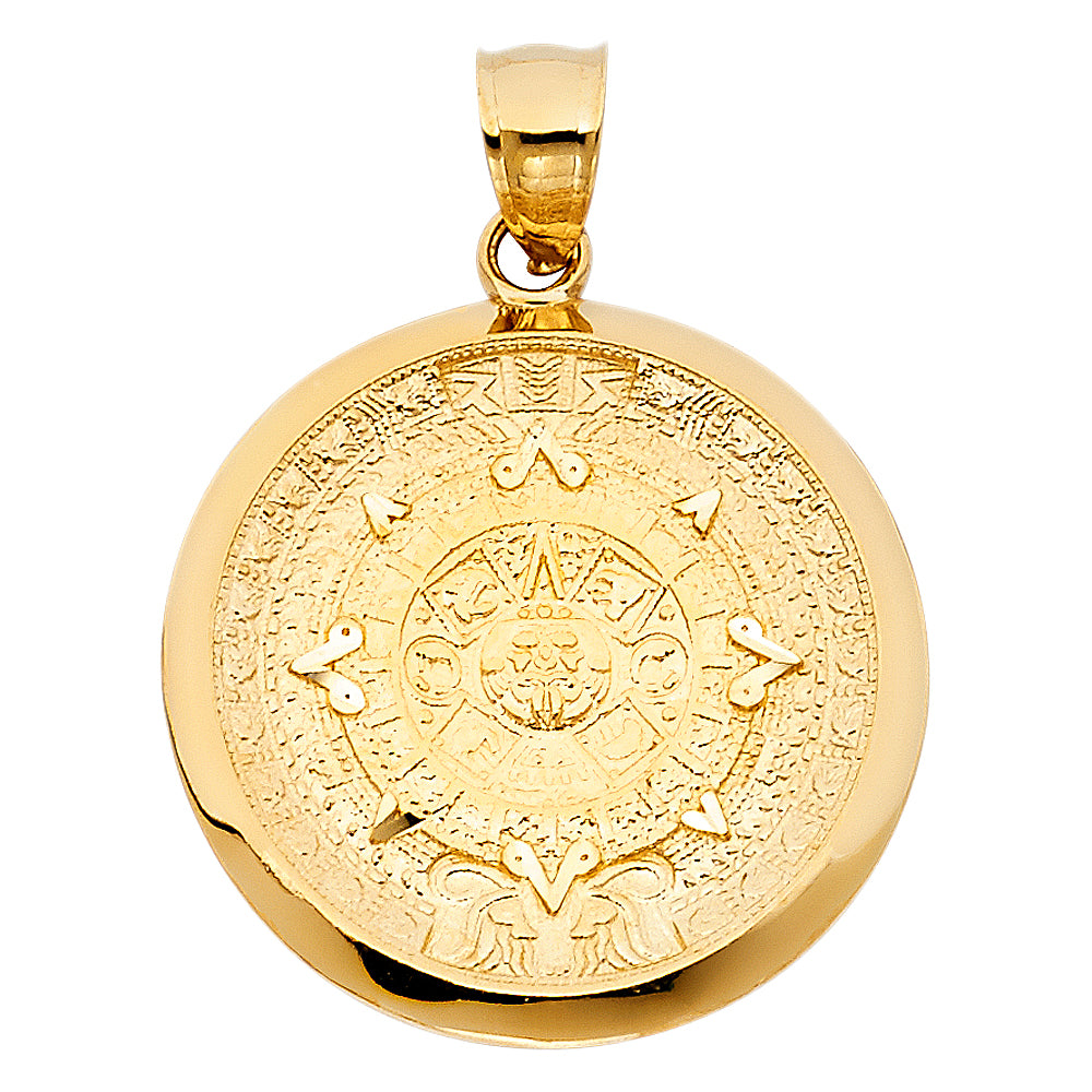 14k Yellow Gold Bold Aztec Medallion Pendant Elegant Sun Calendar Halo Charm
