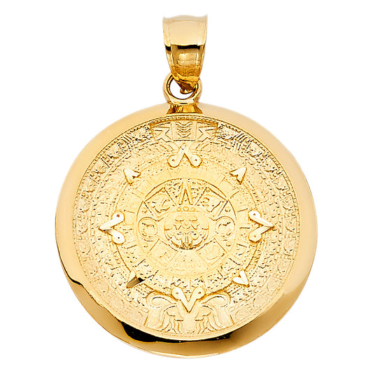 14k Yellow Gold Bold Aztec Medallion Pendant Elegant Sun Calendar Halo Charm