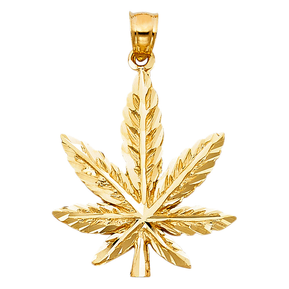 14k Yellow Gold Diamond-Cut Cannabis Weed Leaf Pendant Pot Marijuana 420 Charm