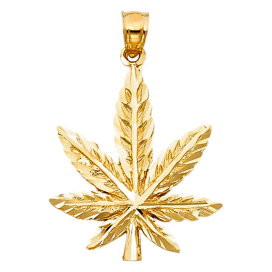 14k Yellow Gold Diamond-Cut Cannabis Weed Leaf Pendant Pot Marijuana 420 Charm