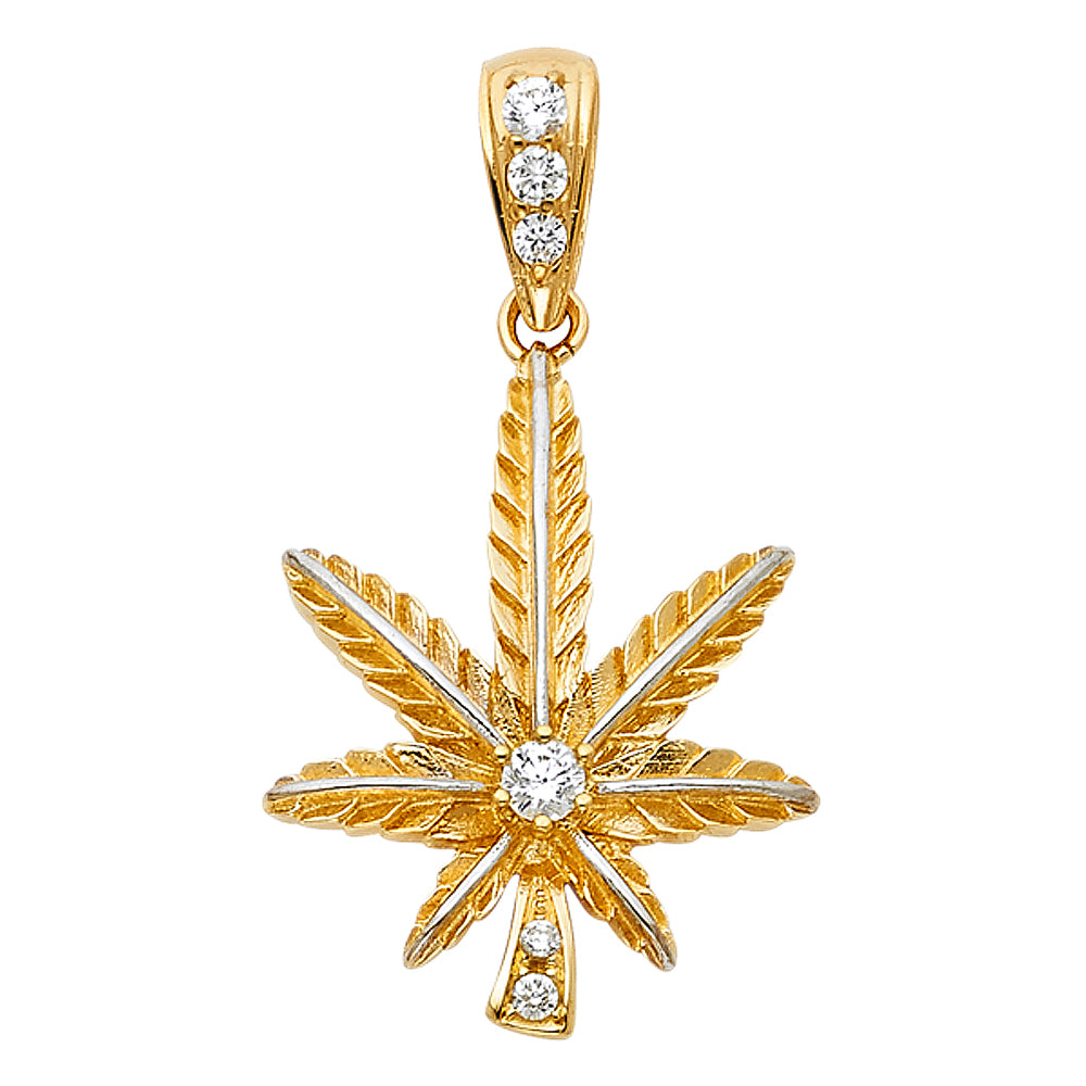 14k Yellow Gold Clear CZ Pot Leaf Pendant Weed Marijuana Cannabis 420 Charm