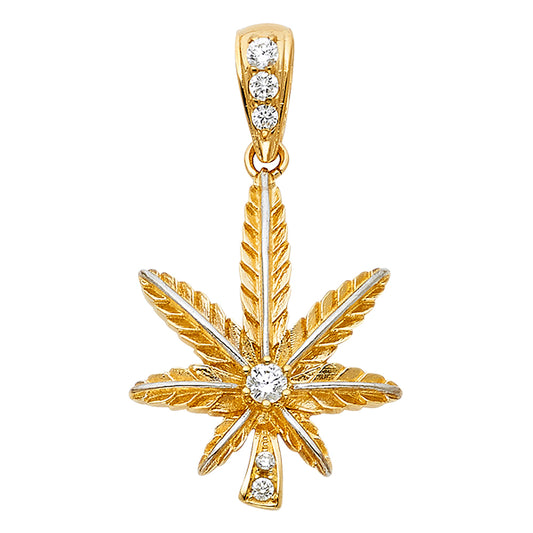 14k Yellow Gold Clear CZ Pot Leaf Pendant Weed Marijuana Cannabis 420 Charm