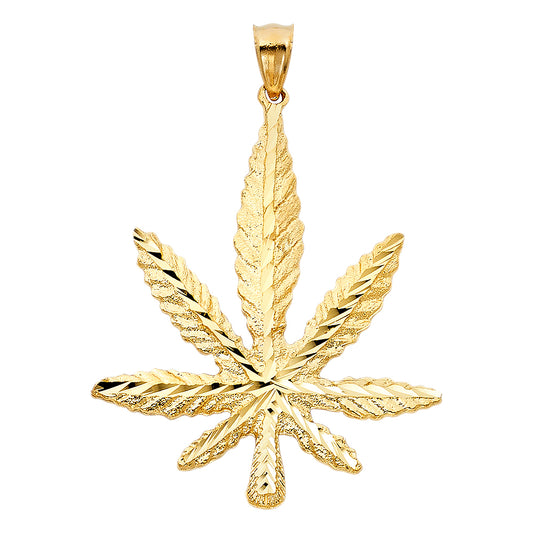14k Yellow Gold Diamond-Cut Pot Leaf Pendant Marijuana Weed 420 Charm